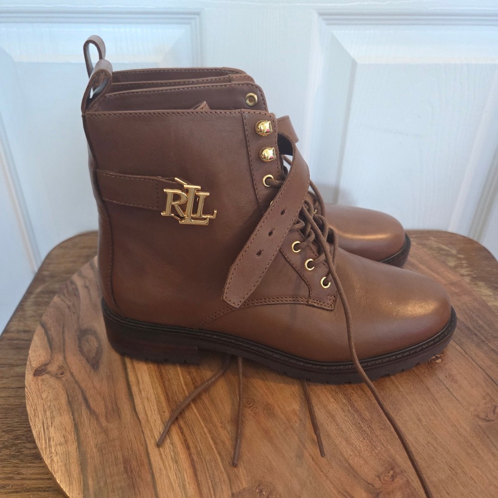 Lauren Ralph Lauren‎ NEW Elridge Tan Brown Leather Combat Boots Gold Womens 6.5